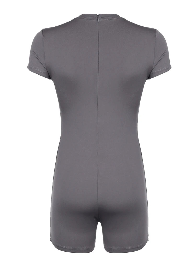 Back Zip Up O Neck Short Sleeve Skinny Sexy Gray Playsuits For Women Black Solid Basic Casual Sports Summer Rompers