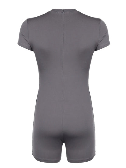 Back Zip Up O Neck Short Sleeve Skinny Sexy Gray Playsuits For Women Black Solid Basic Casual Sports Summer Rompers