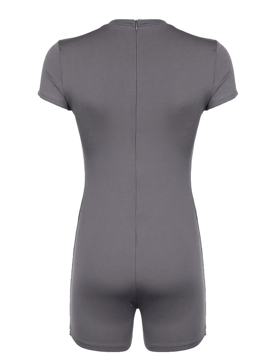 Back Zip Up O Neck Short Sleeve Skinny Sexy Gray Playsuits For Women Black Solid Basic Casual Sports Summer Rompers