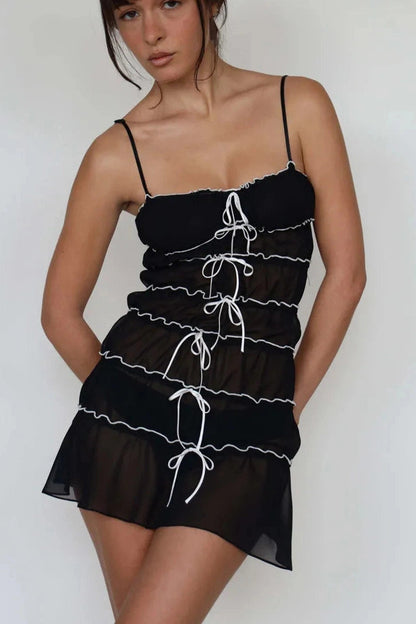 Pleated Mini Dress with Spaghetti Straps and See-Through Detail