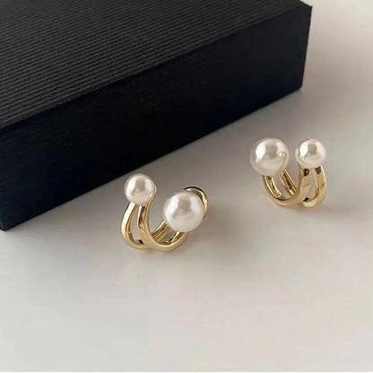 Simple C Shape Baroque Geometric Hoop Earrings for Women with Pearl Accent