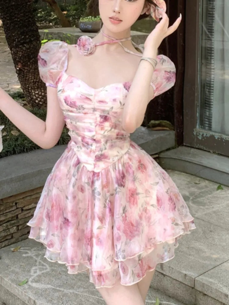 Elegant Princess Floral Short Dresses for Women Y2K Puff Sleeve Backless Printed Ruffles A-line Korean Fashion One Piece Vestido