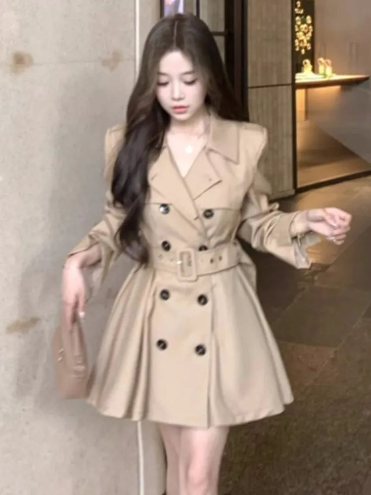 Autumn New Korean Chic Elegant Trench Coat Dresses for Women with Belt Turn-down Collar Double Breasted Casual Female Clothing