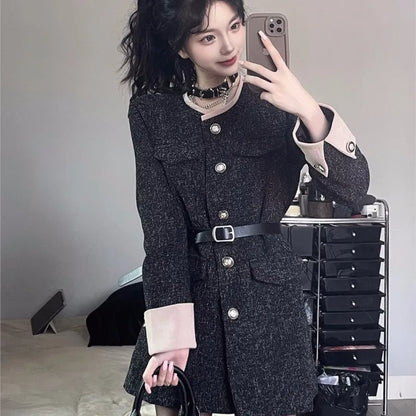 Autumn Winter Mini Dresses for Women with Belt Turn-down Collar Patchwork O-neck Korean Fashion Blazer Dress Casual Vestidos