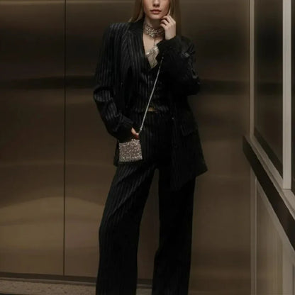 Spring Black Striped Oversized Blazer Women Loose Notched Full Sleeve Suits High Waist Long Flare Pants Halter Tank Tops