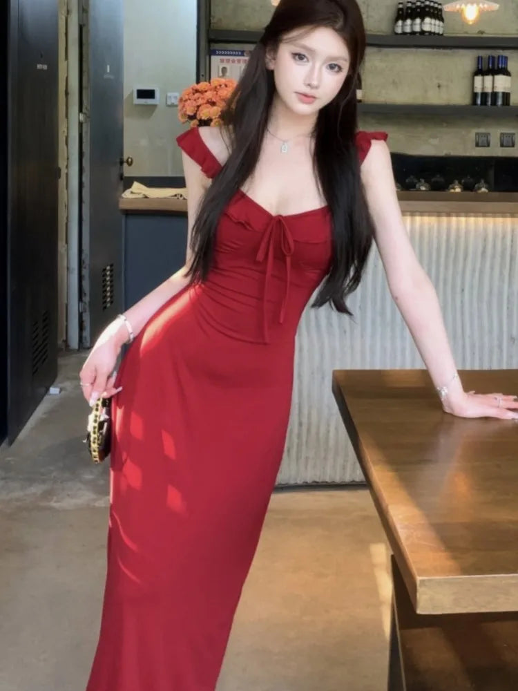 Spaghetti Strap Knitted Dresses for Women Lace-up Slim Solid Square Collar Elegant Sexy Korean Fashion Vestidos Mujer New