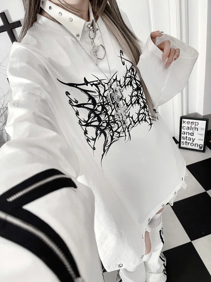 Dark Print Cotton Loose Long Sleeve T-Shirt