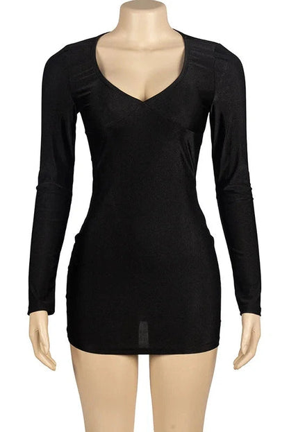 Deep V-Neck Long Sleeve Mini Dress