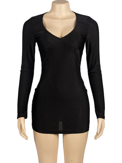 Sexy Deep V Long Sleeved Tight Elastic Short Skirt For Women’s New Pullover Slim Wrap Hip High Waist Dress Party Street