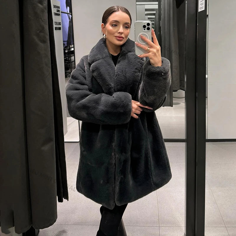 Winter Faux Rabbit Fur Coat Women Brand Designer Thick Warm Outerwear Jacket Fur Collar Classic Dark Gray Overcoat