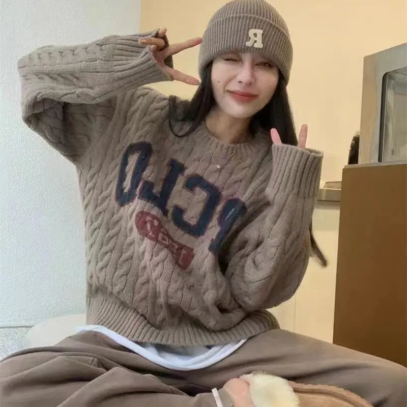 Korean trendy retro letter twist sweater for loose lazy style sweater long sleeves clothing y2k tops