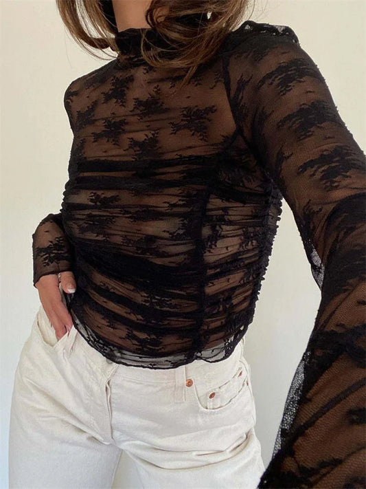See-Through Lace Mesh T-shirt For Women Long Sleeve Printed Fashion Sexy Summer  Contrast Pullover Female Slim Tee Top