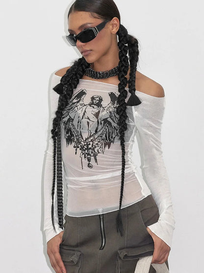 Knitted Mesh Character Print Sheer Top