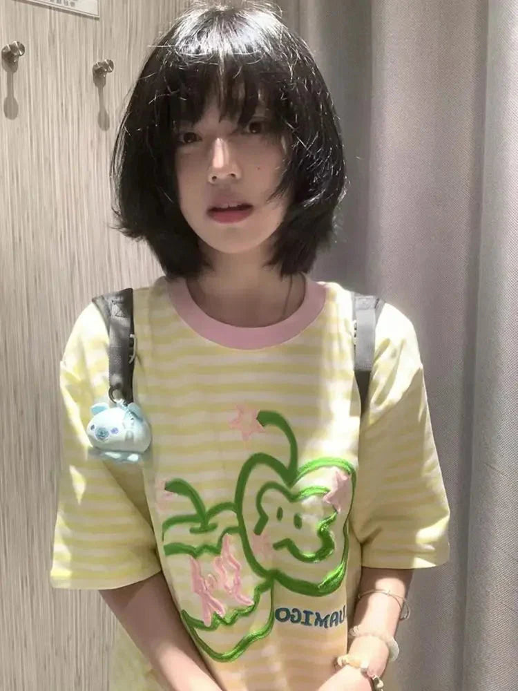 Apple Embroidery T Shirt Korean Style Striped Short Sleeved T-shirts Y2k Clothes Gentle O Neck Tees Top