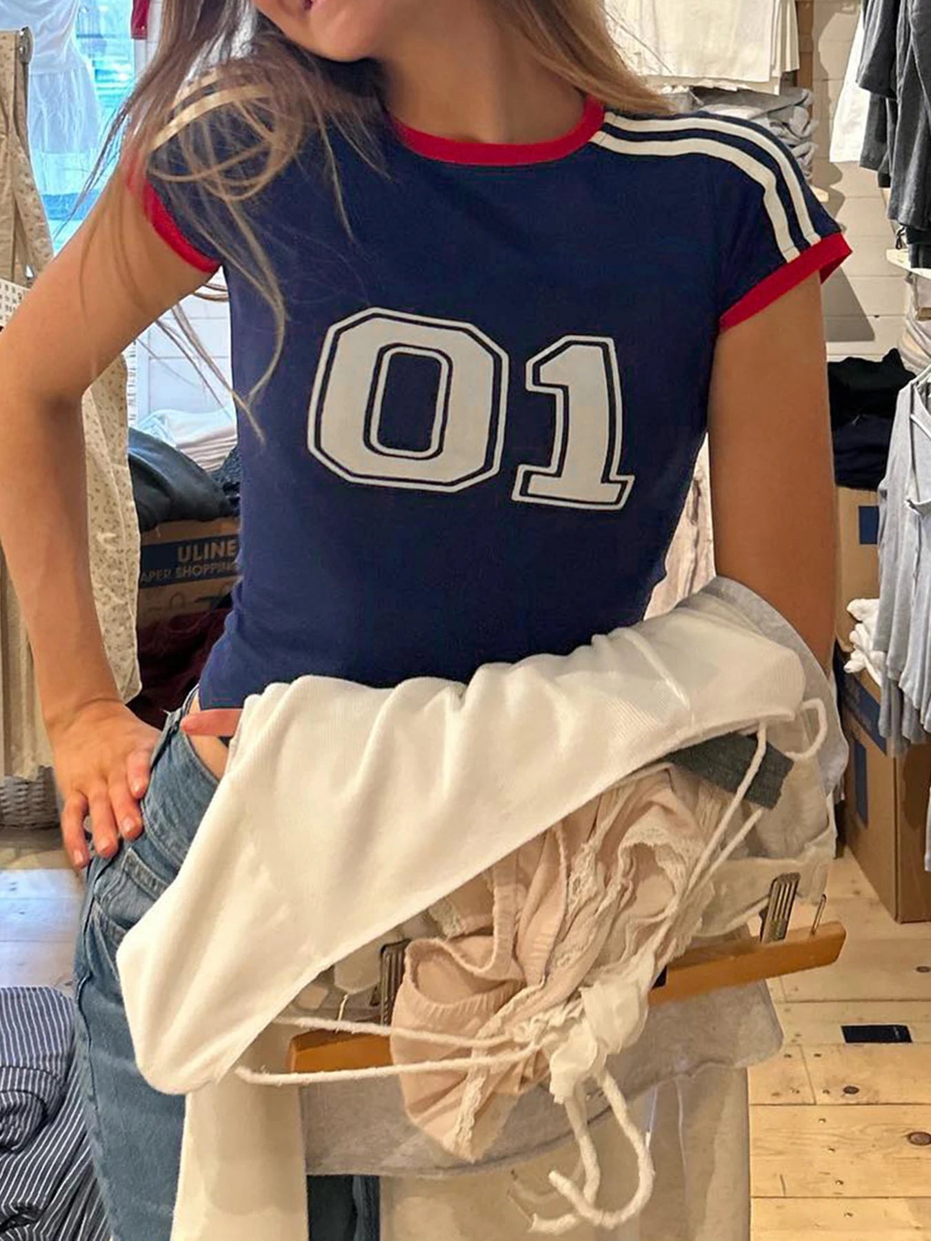 Digital Print Y2K Short Sleeve T Shirt Women Contrast Binding O Neck Slim Crop Tee Casual Preppy Tops Sporty Football Jersey