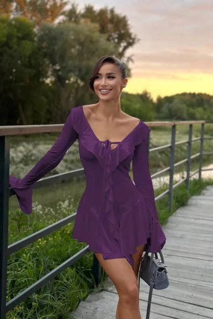 Deep V-Neck Bodycon Dress with Flared Sleeves