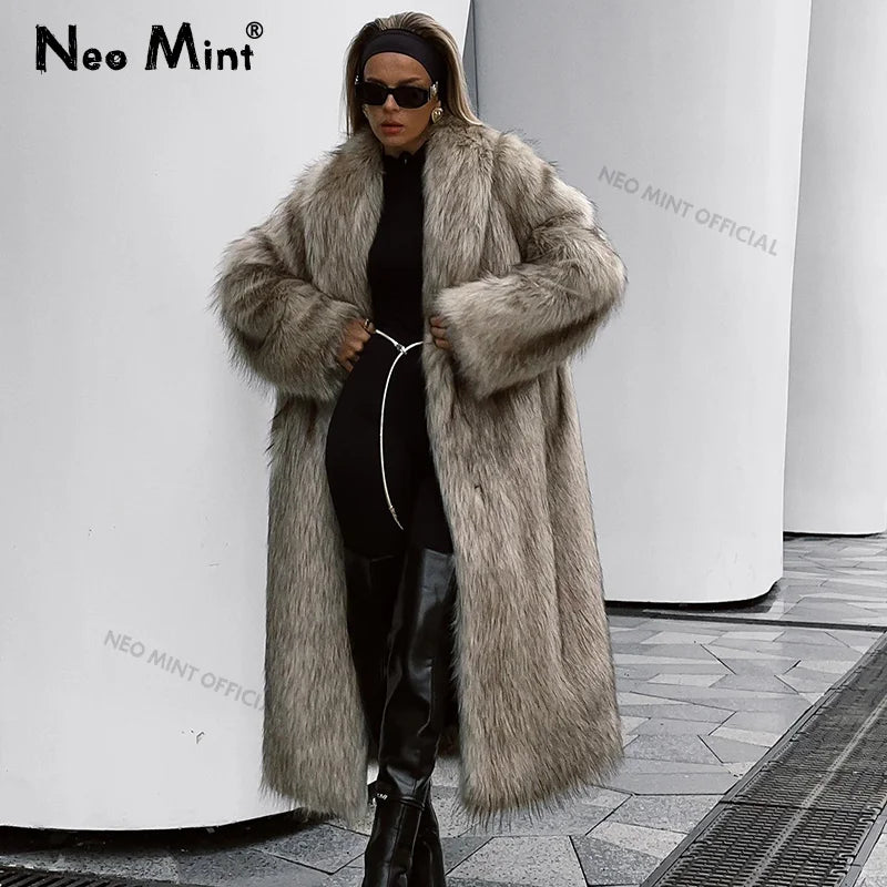 Luxury Mob Wife Aesthetic Long Faux Fur Coat Women Winter  Fluffy Gradient Fox Fur Jacket Female Furry Overcoat