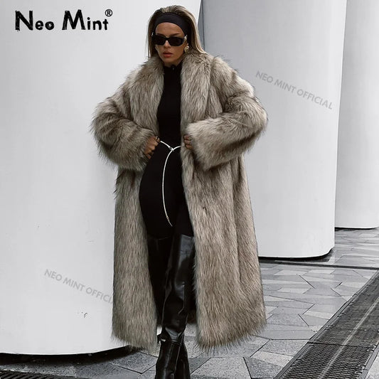 Luxury Mob Wife Aesthetic Long Faux Fur Coat Women Winter  Fluffy Gradient Fox Fur Jacket Female Furry Overcoat