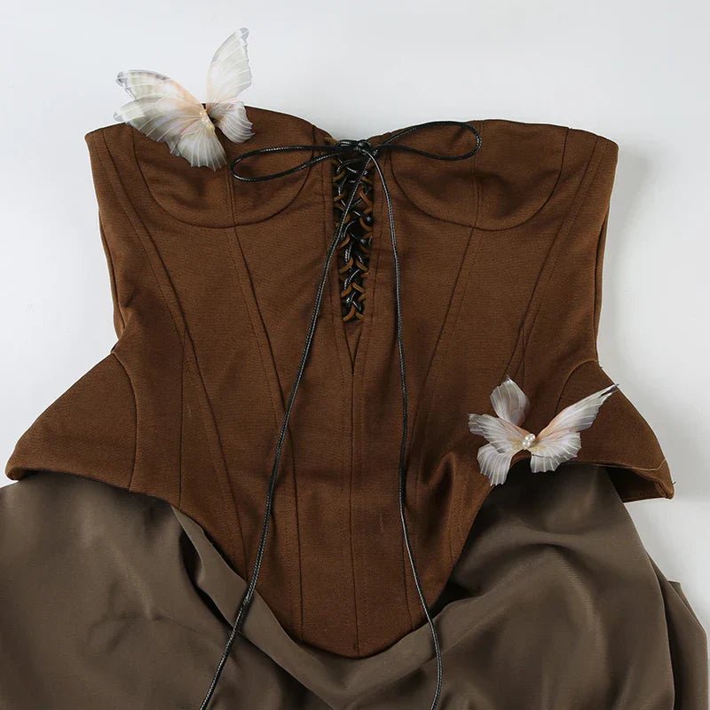Sexy Women Butterfly Detail Strapless Long Dress Aesthetic Chic Detachable Corset Top Vintage Elegant Maxi Dresses
