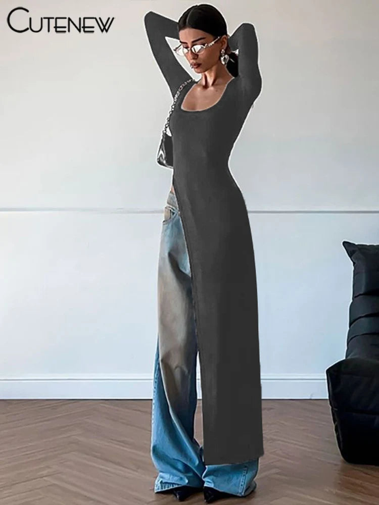 Solid Super Long Tops Women Casual Fashion Full Sleeve Square Neck Splited Skinny Tees Solid Concise Female Classic Wear