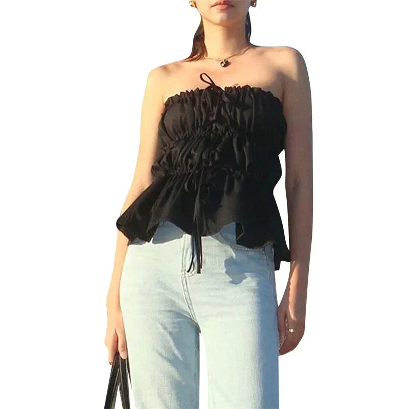 Tube Tops y2k Clothes Solid Color Off Shoulder Strapless Sleeveless Ruched Bandeau Tie Up Vest 2000s Streetwear