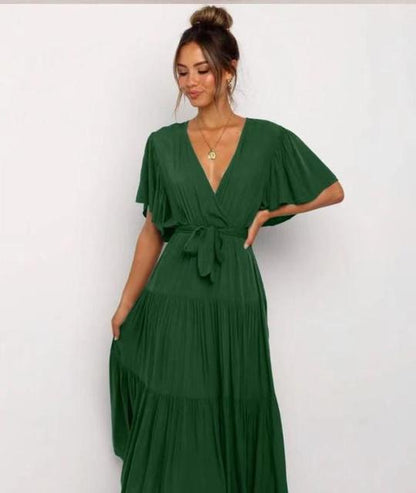 Trendy Solid Color Ruffles Long Dresses Women Sexy V-neck Ruffle Sleeves Leace-up Temperament Elegant Lady Dress 2025 Summer New