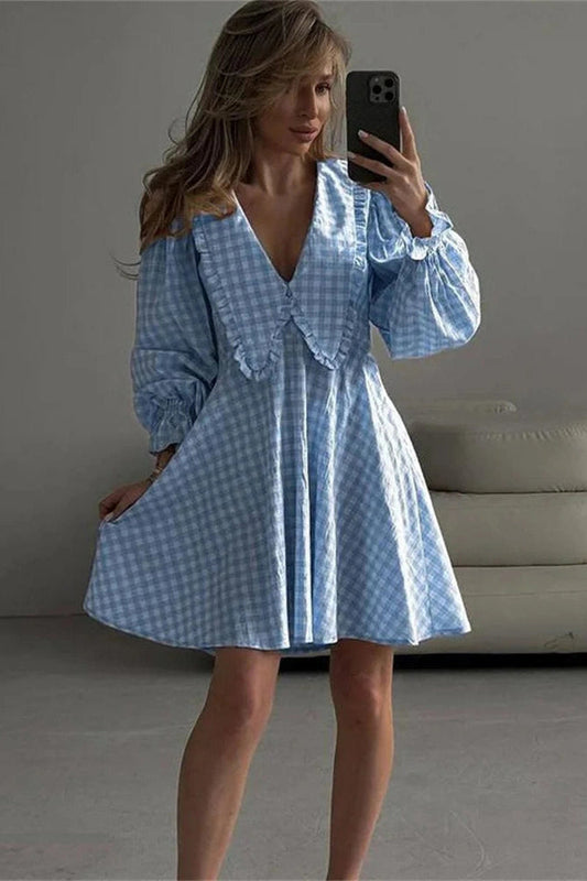 Long Sleeves V-Neck Patchwork Mini Dress