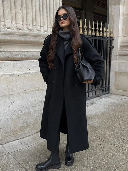 Fashion Double Breasted Women's Woolen Overcoat Elegant Lapel Long Sleeve Jacket With Belt Female New Commute Outerwear