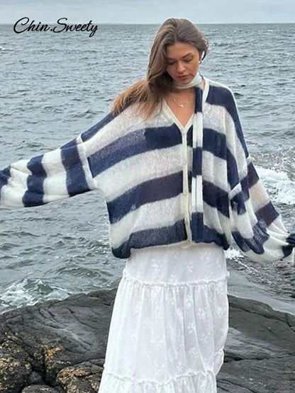 Loose Mohair Striped V-neck Cardigan Women With Scarf Fashion Lantern Sleeve Single Breasted Knitwear Casual Lady New Streetwear