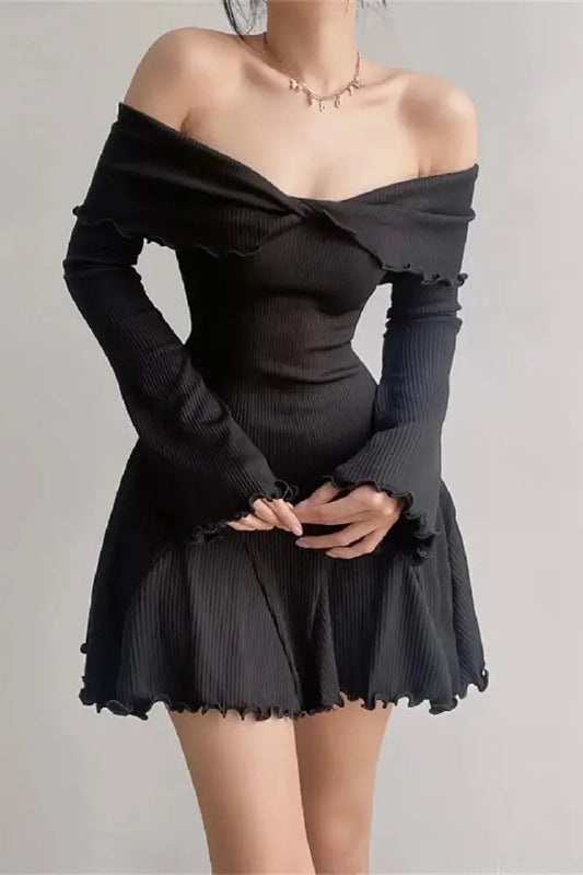Ruffled Patchwork Off-Shoulder Mini Dress
