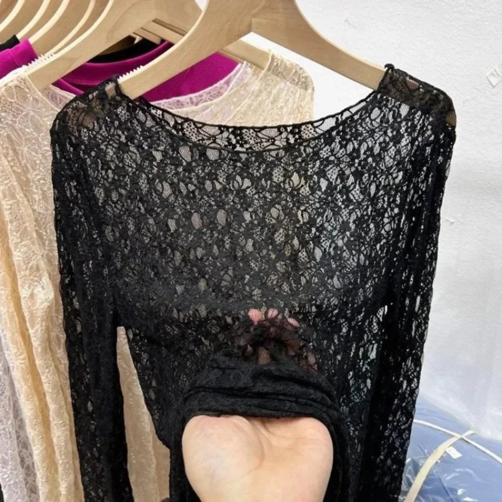 Women Lace Mesh High Collar Bottom T-shirts Female Long Sleeve Autumn Casual Style Tight Thin Tops T-shirts Women Clothes