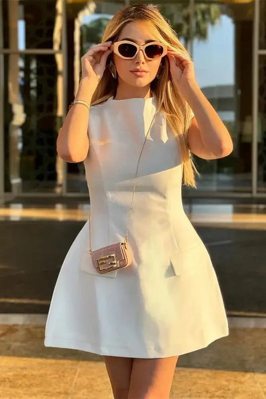 Sleeveless High Waist Patchwork Mini Dress with Pocket