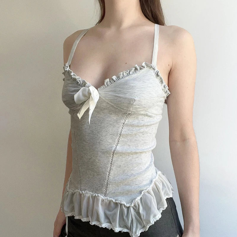 Voguable  Y2K Lace Ruffles Crop Top Coquette Aesthetic Bow Milkmaid Corset Cute Japanese Lolita Style Camis Fairy Vest