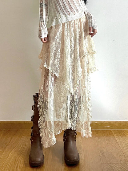 Asymmetrical Lace Long Skirt Women Summer Vacation Holiday Clothing