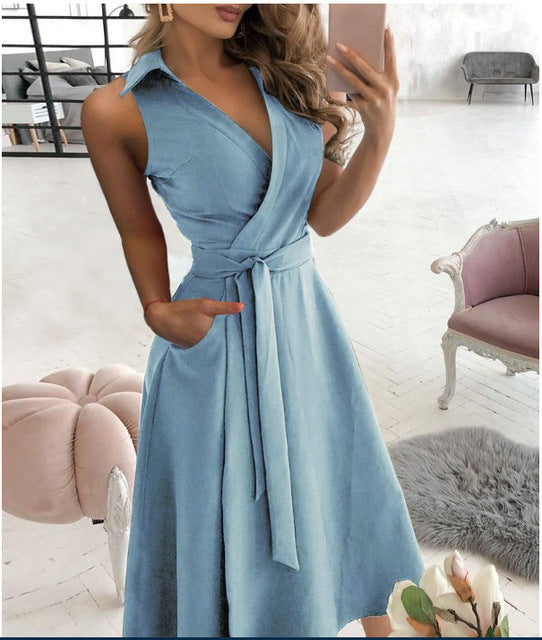 Temperament Solid Color Sleeveless Dresses Women Fashion Sexy V-neck Leace-up Slim A-line Dress Spring Summer New Lady Clothing
