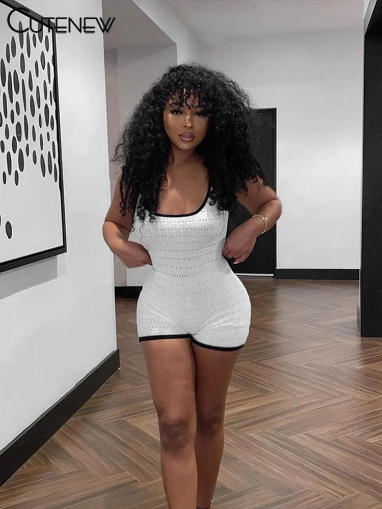 Casual Women Playsuits Basic Summer Panelled Sleeveless U-neck Stretch Holes Sheer Slim Rompers Female Concise One Piece