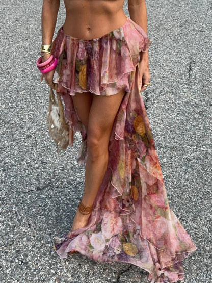 Beach Boho Floral Print Chiffon Ruffled Skirt Women Asymmetrical Dipped Hem Pink Romantic Elegant Sexy Vacation Skirts