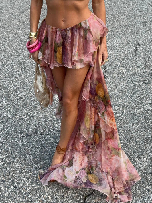 Beach Boho Floral Print Chiffon Ruffled Skirt Women Asymmetrical Dipped Hem Pink Romantic Elegant Sexy Vacation Skirts