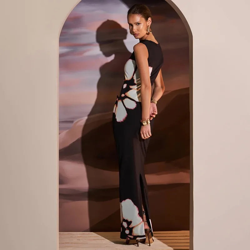 Hollow Sleeveless O-neck Floral Dress