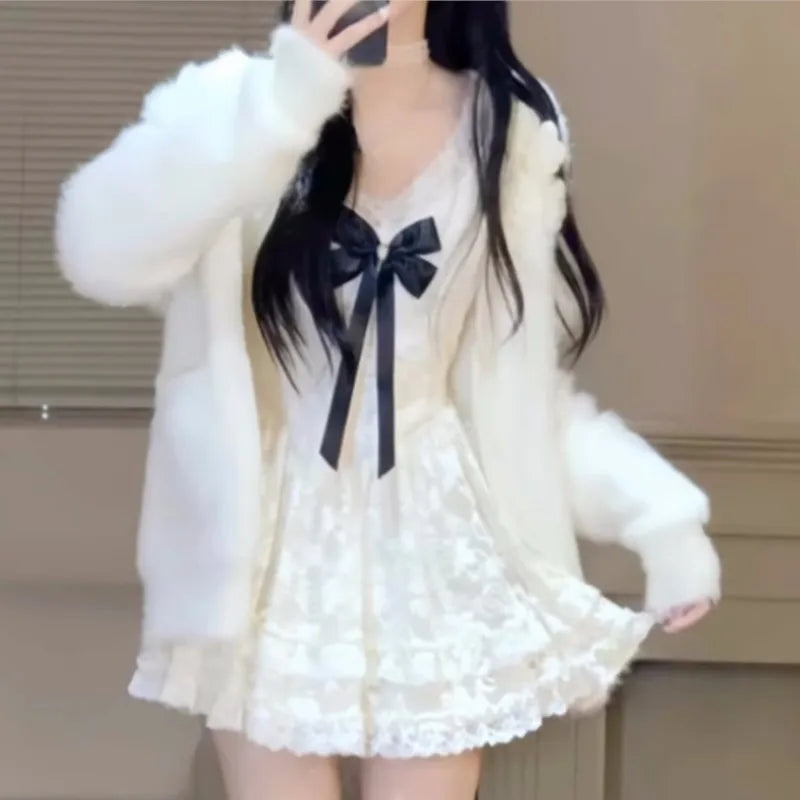 Elegant Lace Mini Dresses Women V-neck Long Sleeve Ruffles A-line Autumn New Sweet Korean Fashion Party Dress Female Vestidos