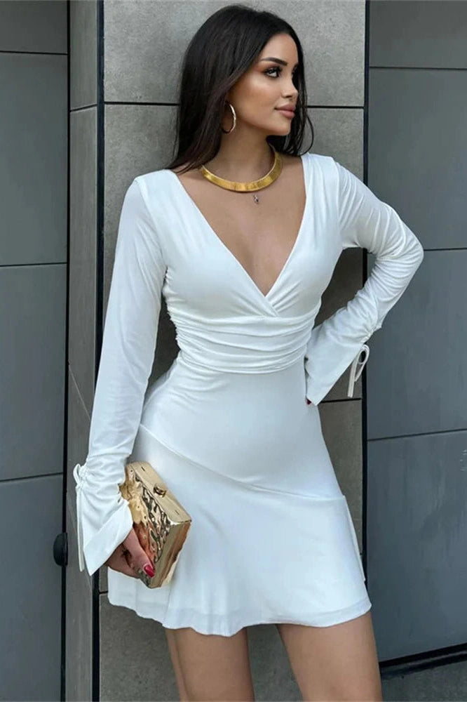 V-Neck High Waist Long Sleeve Mini Dress with Lace-Up Detail