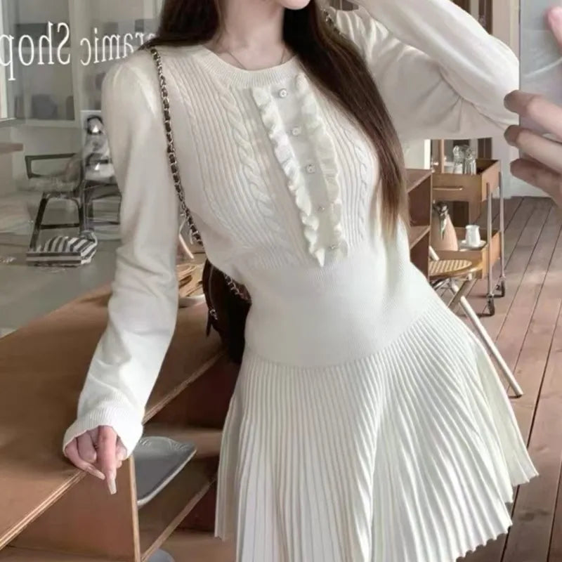 Autumn Preppy Style Knitted 2-piece Sets Women O-neck Long Sleeve Top Pleated Mini Skirt Korean Fashion Casual Outfits New Suit