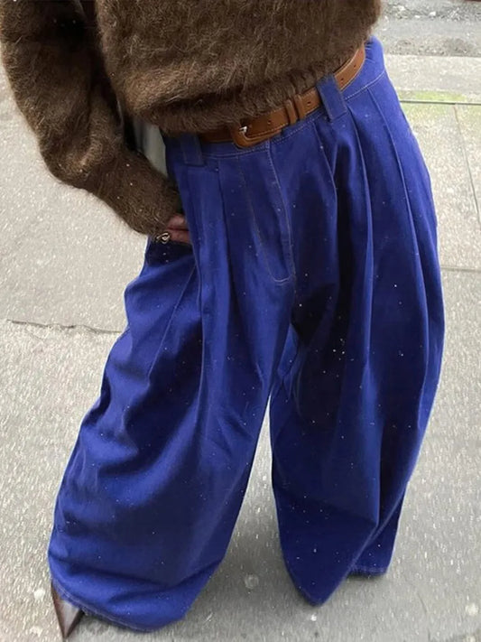 Wide Leg Fashion Pleated Pants For Women Loose High Waist Straight Striped Blue Street Pants Female 2025 Spring Street Trousers