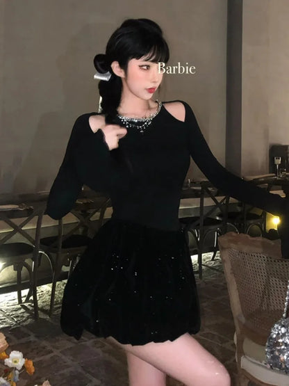 Autumn Winter Knitted Black Dresses for Women Long Sleeves High Waist A-line Birthday Party Dress Mini Vestidos Female Clothing