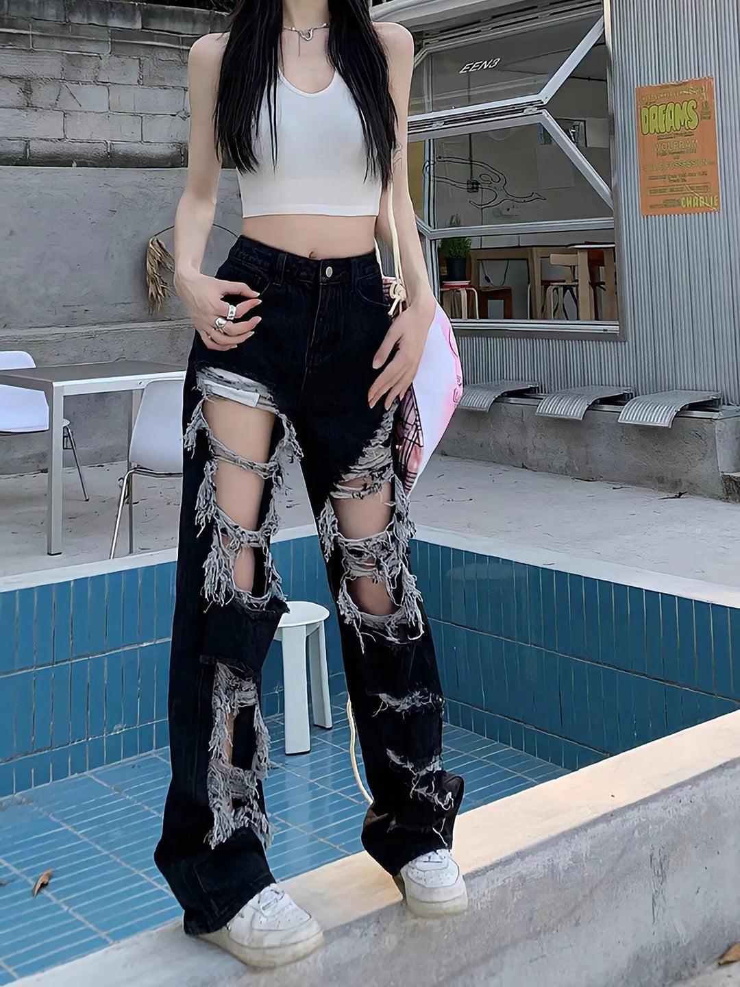 Women's Stylish High Waist Black Broken-Hole Jeans | Great for Casual Days