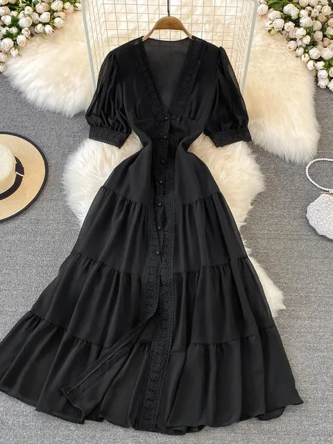 New Women Vintage Party Dress Summer Puff Sleeve Sexy V Neck Lace Single-breasted Long Dresses Ladies A Line Elegant Long Robe