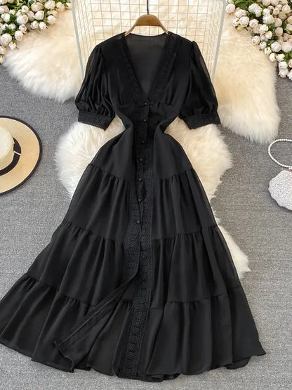 New Women Vintage Party Dress Summer Puff Sleeve Sexy V Neck Lace Single-breasted Long Dresses Ladies A Line Elegant Long Robe