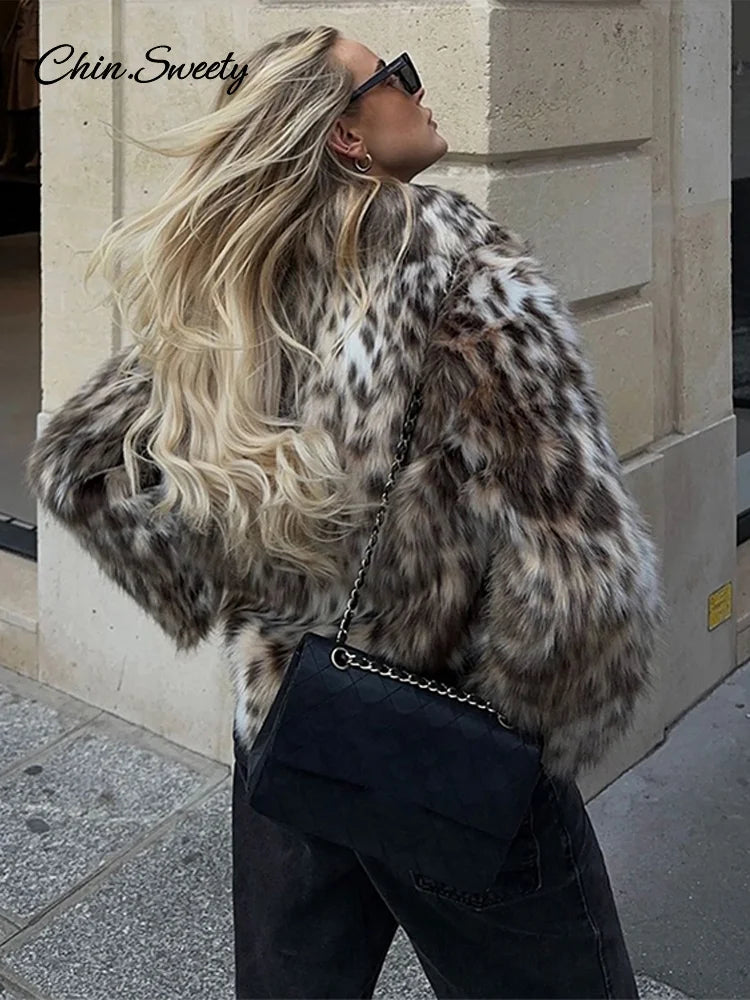 Leopard Print Faux Fur Short Coat Women Fashion Puff Plush Lapel Loose Button Jacket Female  Winter Thick Warm Outerwear