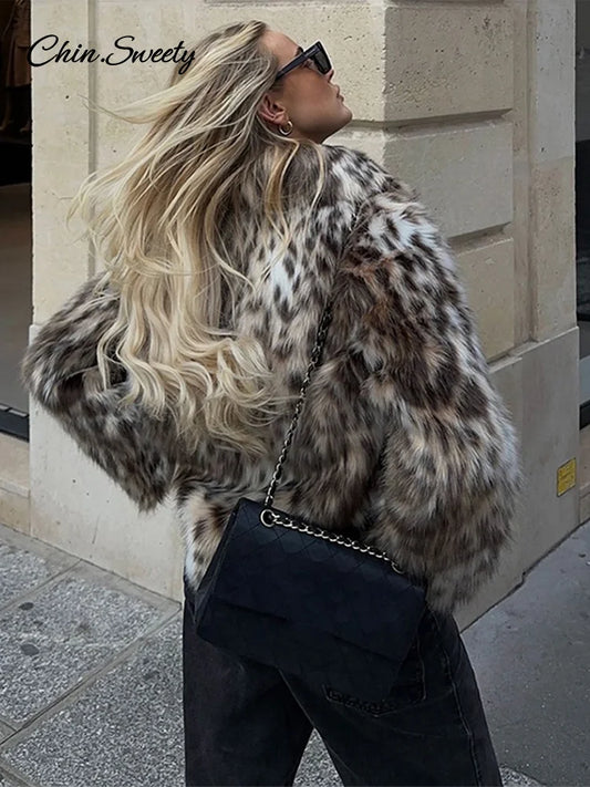 Leopard Print Faux Fur Short Coat Women Fashion Puff Plush Lapel Loose Button Jacket Female  Winter Thick Warm Outerwear