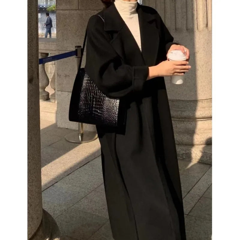 Women Elegant Long Woolen Coat with Belt Autumn Winter New Fashion Solid Lapel Long Sleeve Chic Outerwear Ladies Casual Overcoat